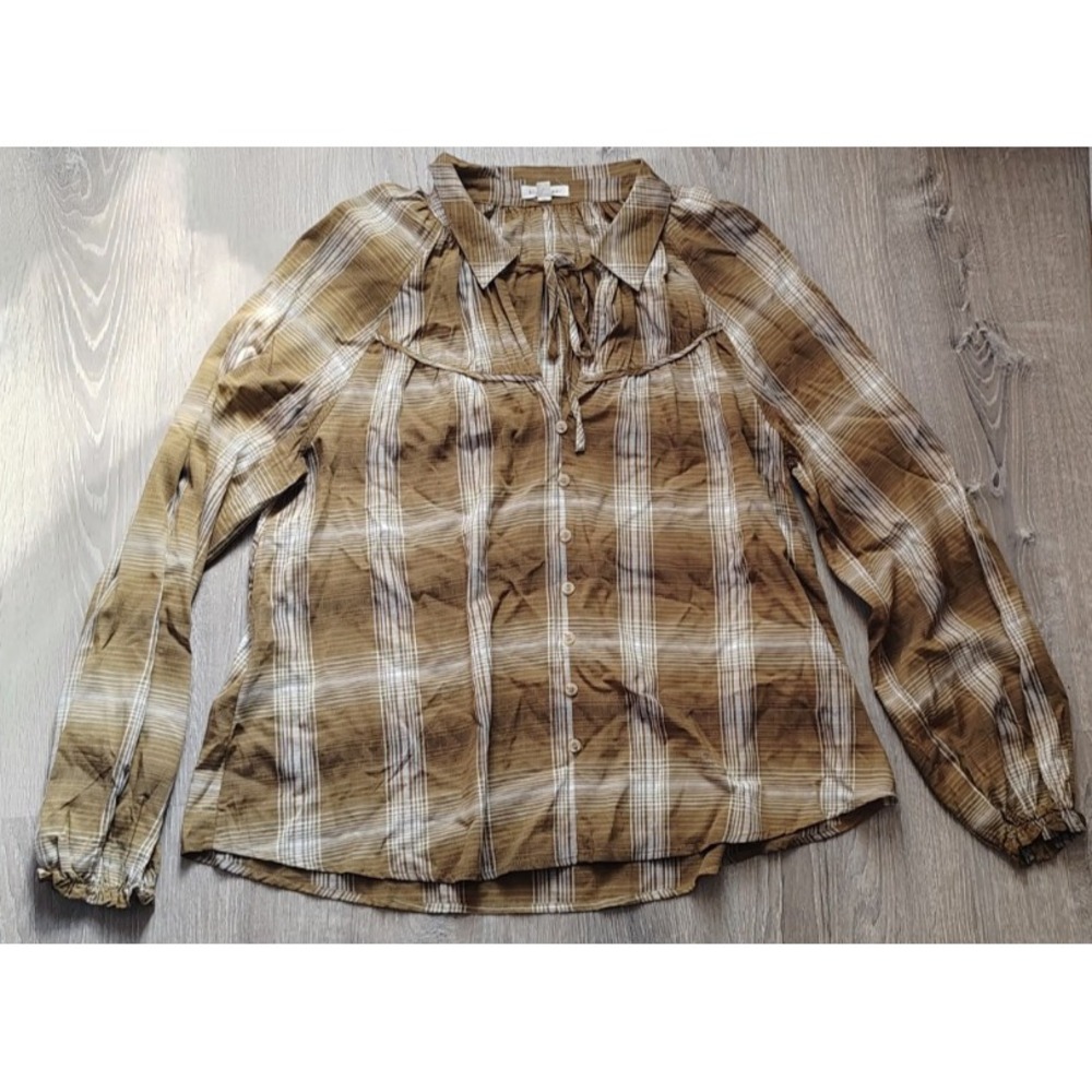 Blu Pepper Fall Shirt Brown & White Plaid Boho Blouson Sleeves Peasant Size M
